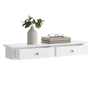 Weißes Songmics Wandregal mit 2 Schubladen, dekoriert mit Vase, Büchern und Brille.