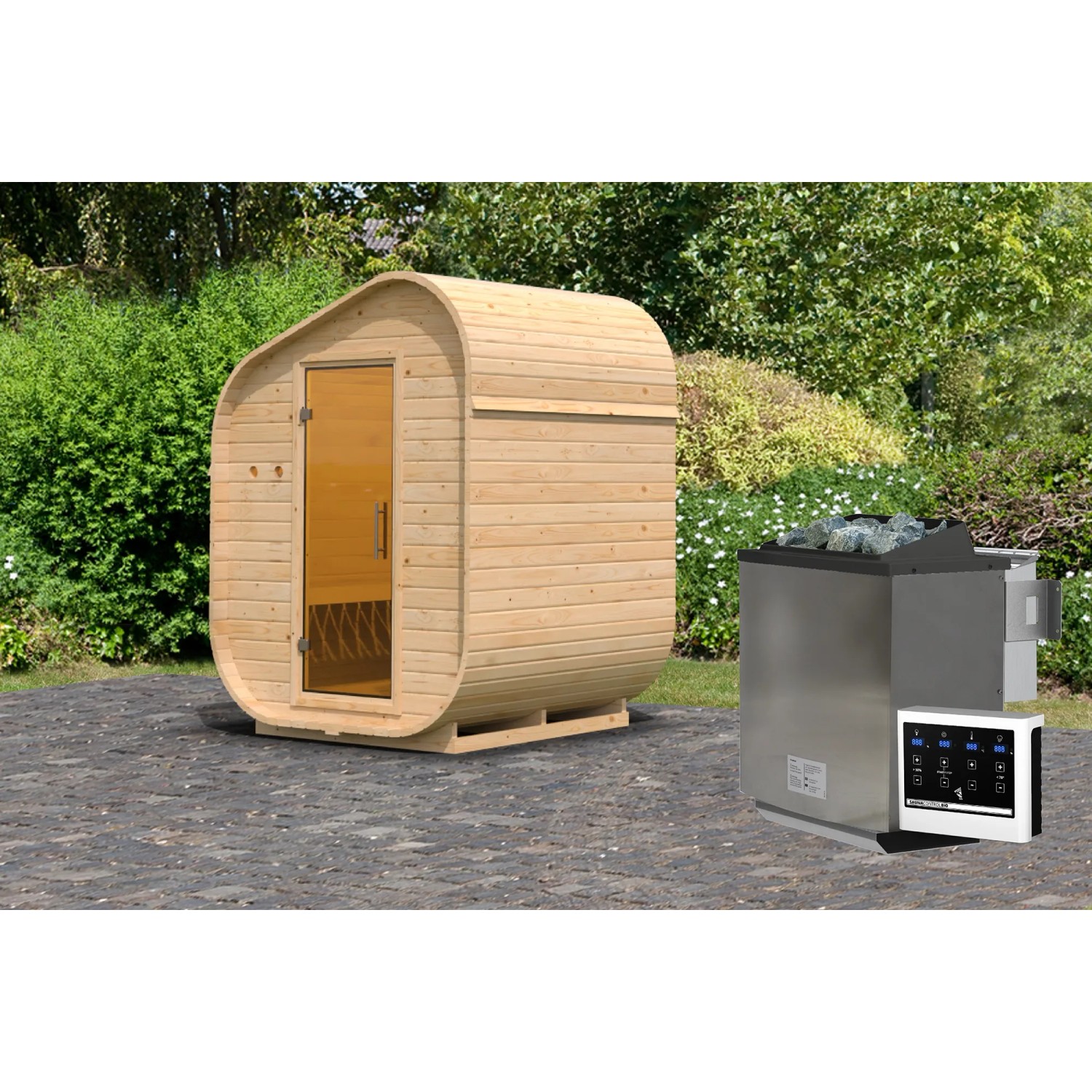 Karibu Fasssauna Asymmetrisch 1 mit Ofen (9 kW, Bio, extern, naturbelassen).