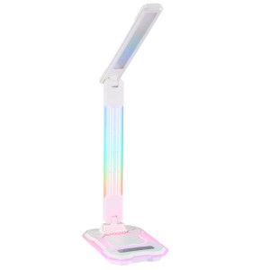 Weiße LED-Tischlampe Cyberglow mit RGB-Effekten, USB-Ladefunktion und verstellbarem Kopf für den Schreibtisch.