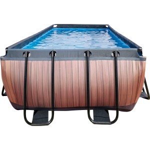 Rechteckiger EXIT Wood Pool 400x200x122 cm mit Holzoptik, Stahlrahmen und Sandfilterpumpe.