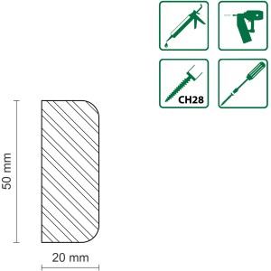 Profilansicht einer rohen Buchen-Bankleiste (20x50x950mm) von FN Neuhofer. Ideal für Bastelarbeiten.