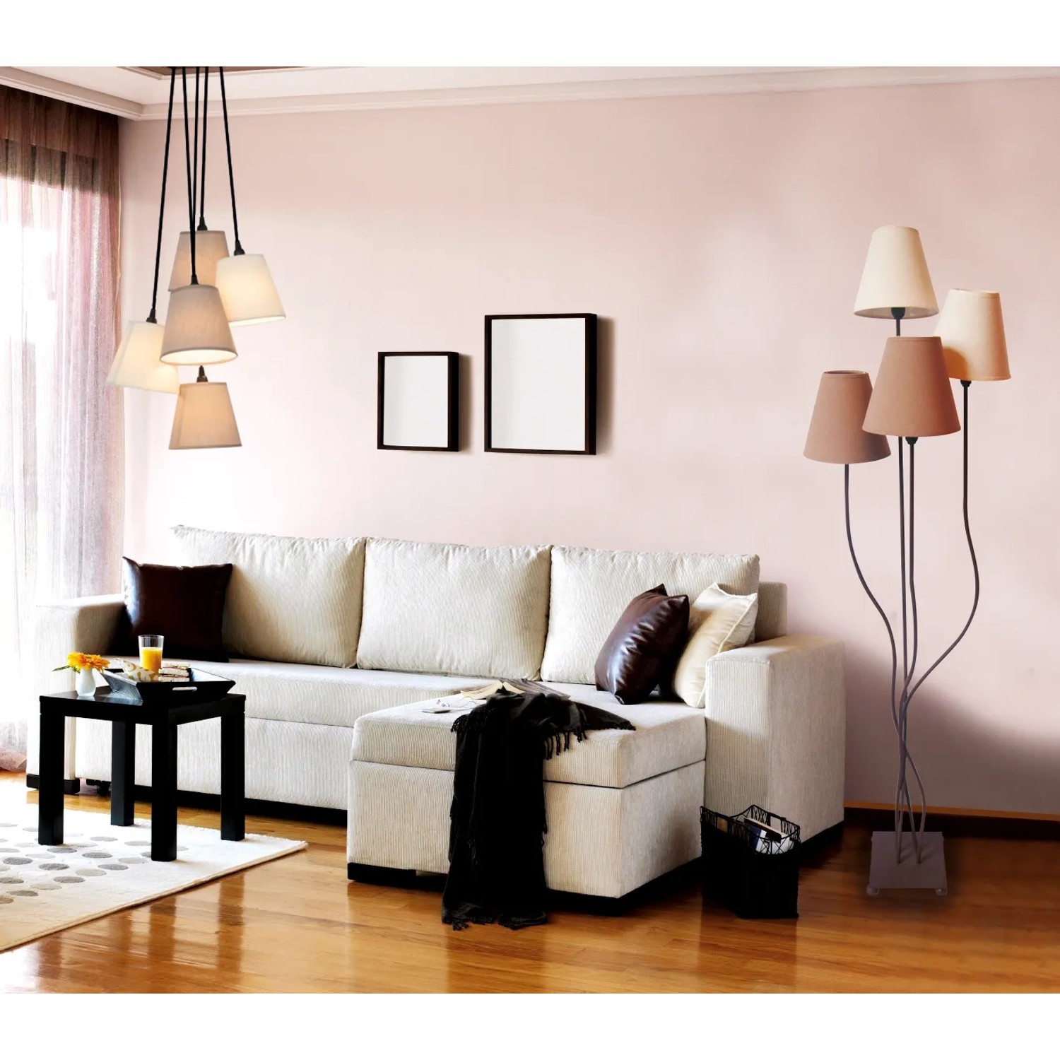 Näve Stehleuchte Twiddle, 4-flammig, beige-braun, im Wohnzimmer. Design-Stehlampe mit Textilschirm.