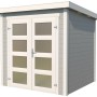 Modernes, lichtgraues Holz-Gartenhaus Zambezi mit Doppeltür und Fenstern. Ideal als Gerätehaus oder Gartenpavillon.