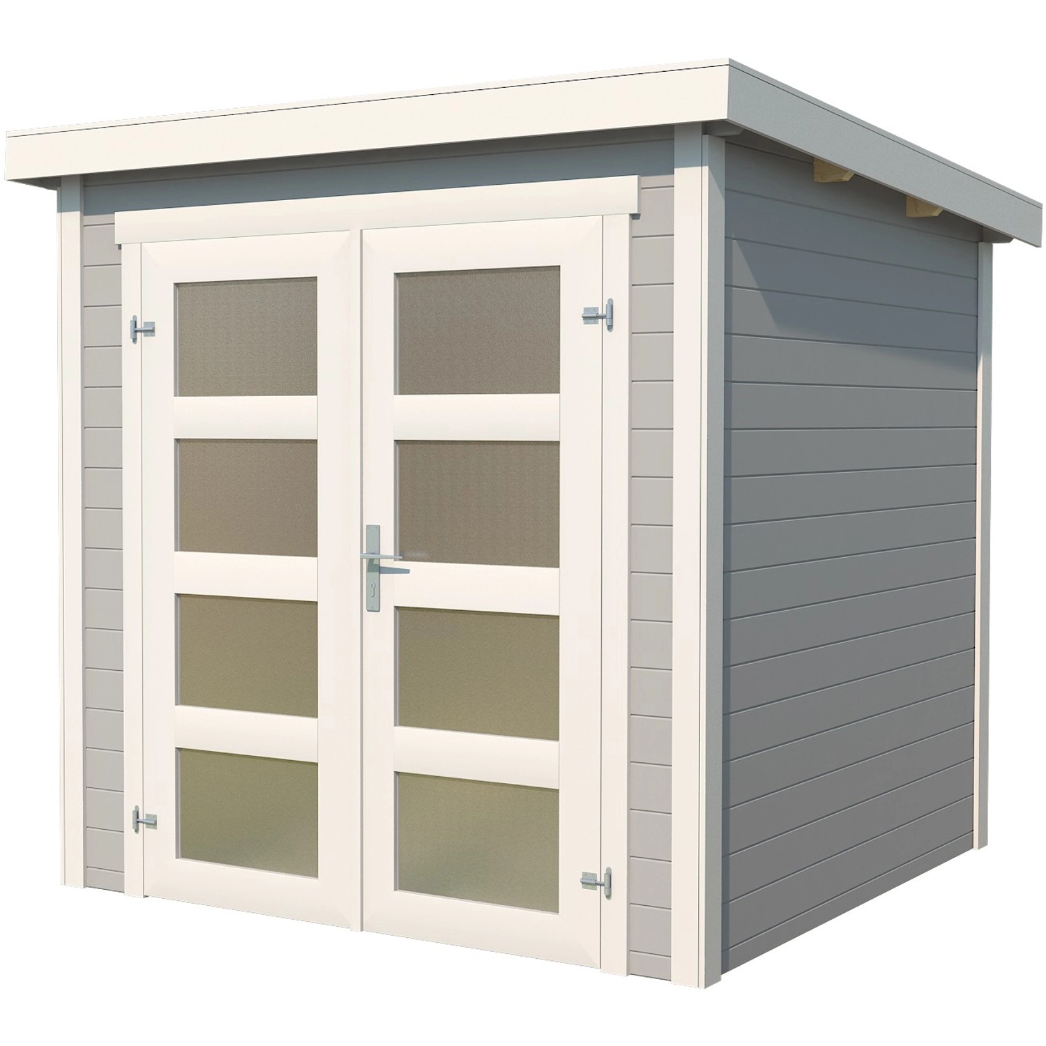 Modernes, lichtgraues Holz-Gartenhaus Zambezi mit Doppeltür und Fenstern. Ideal als Gerätehaus oder Gartenpavillon.