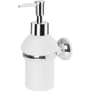 Spirella Seifenspender Campagne mit Wandhalterung aus Chrom und mattem Glas.