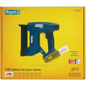 Rapid Akku-Tacker BTX553 18V im Karton. Blaues Gehäuse, gelber Griff. Akku nicht enthalten.
