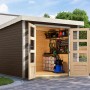 Karibu Gartenhaus Diego 3,5 B in Terragrau/Weiß mit geöffneten Doppeltüren und Inneneinrichtung.