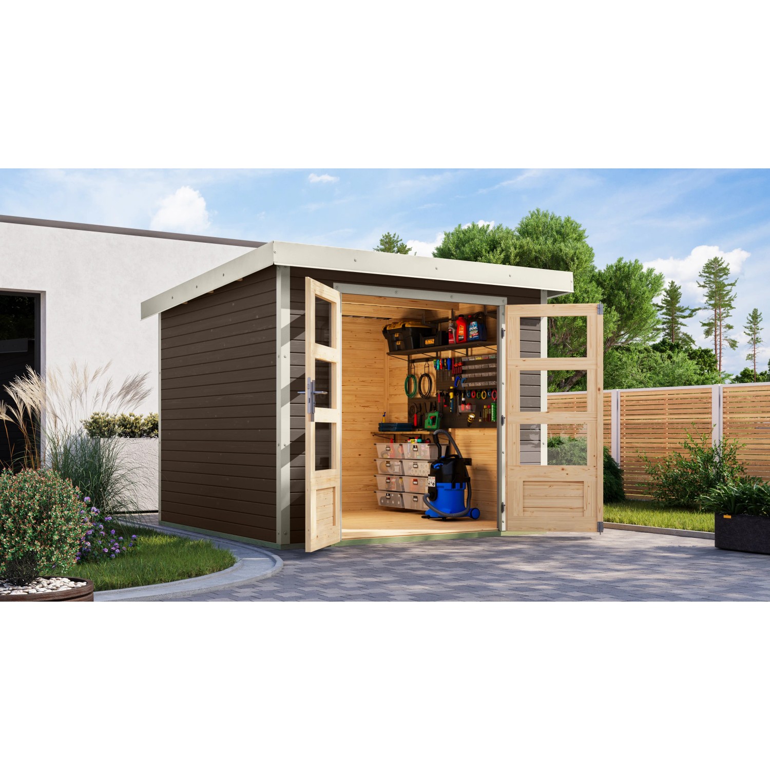 Karibu Gartenhaus Diego 3,5 B in Terragrau/Weiß mit geöffneten Doppeltüren und Inneneinrichtung.