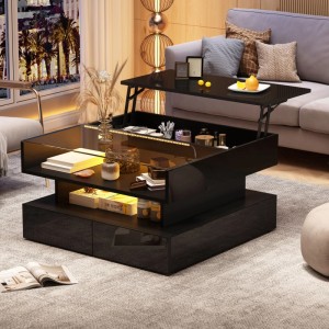okwish Couchtisch mit HöhenVerstellbar Stauraum LED 80x80x45cm Schwarz