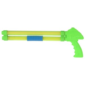Grüner Wassershooter 37 cm mit gelbem Zylinder und blauem Pumpgriff für Wasserspaß im Garten oder am Strand.