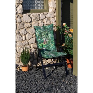 Beo Sitzauflage Hochlehner Tegernsee 4er-Set mit Kaktuslandschaft-Design auf Gartenstuhl.