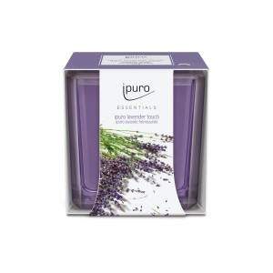 ipuro ESSENTIALS Duftkerze Lavender Touch, 125g im Glas mit Lavendel-Motiv.