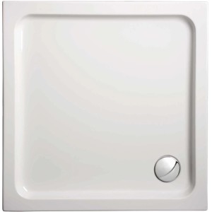 Quadratische, weiße Ceravid Duschwanne 90x90 cm mit Ablaufgarnitur.