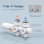 Weißes Emke Multiblock Ventil mit Thermostat Anschlussgarnitur. Flexibles 2-in-1 Eck- und Durchgangsventil für Heizkörper-Installation.