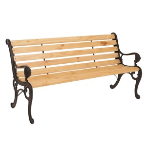 Gartenbank 3-Sitzer aus Kiefernholz mit Gusseisengestell, naturfarben, 164 cm breit.