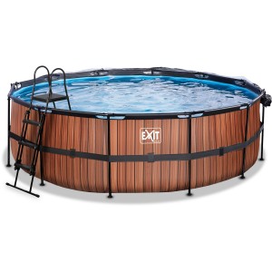 EXIT Wood Pool Ø450x122cm mit Sandfilterpumpe, Leiter und Abdeckung. Stahlrahmenpool in Holzoptik.