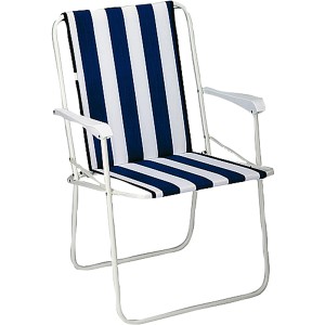 Weißer Klappstuhl Chiemsee mit blau-weiß gestreiftem Bezug für Camping und Garten.