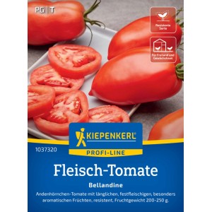 Kiepenkerl Fleisch-Tomate Bellandine F1 Saatgut: Längliche, rote Tomaten und Tomatenscheiben auf Verpackung.