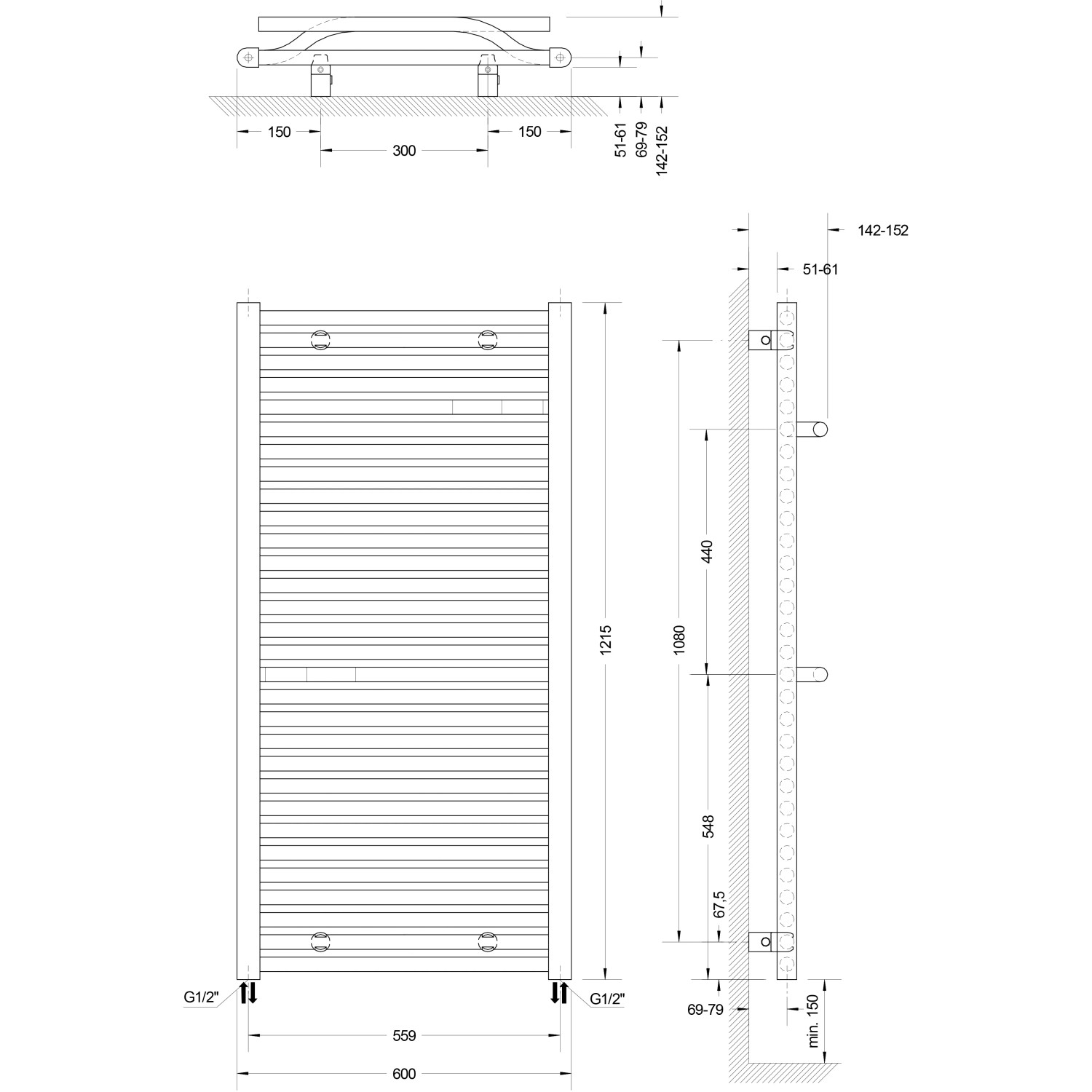 Technische Zeichnung: Schulte Design-Heizkörper Miami, Maße und Anschlüsse für Installation.