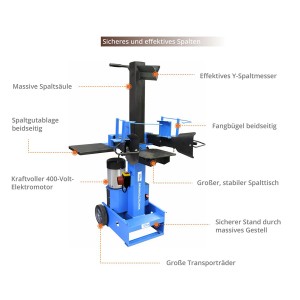 Güde Holzspalter GHS 500/8TED: Blaues Modell mit Y-Spaltmesser, Spaltgutablage und Transporträdern.