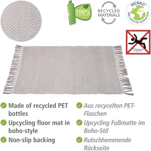 Wenko Badematte Gata, grau-weißer Badteppich im Ethno-Stil mit Fransen, aus recycelten PET-Flaschen.