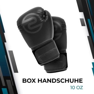 Schwarze Sportisfaction Boxhandschuhe, 10oz, aus PU-Leder im Set mit Bandagen und Springseil.