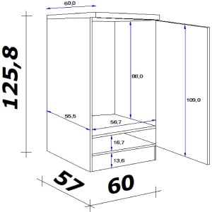 Skizze: Flex-Well Kühlschrankumbau Lucca, 60 cm, mit Maßen. Vorratsschrank mit Tür und Kühlschranknische.