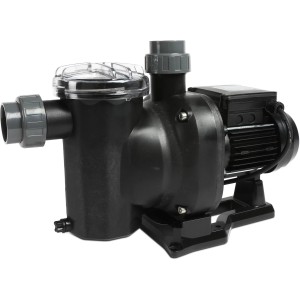 Schwarze Steinbach Filterpumpe Sena für Pools, mit transparentem Deckel und grauen Anschlüssen.