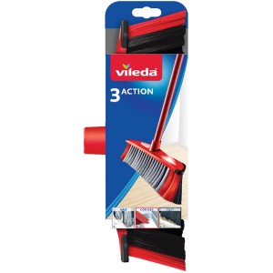 Vileda 3 Action Besen mit roten Borsten und Griff, Reinigungsgerät für Staub, Ecken und Haare.