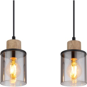 Globo Pendelleuchte Reid, 3-flammig, schwarz matt, mit Rauchglas und Holzelement.