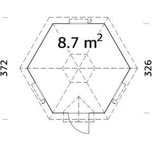 Grundriss Palmako Grillkota Eva, 8,7 m², braun, mit Maßen und Türposition.