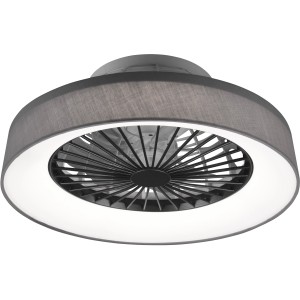 Graue Reality LED-Deckenleuchte Farsund mit integriertem Ventilator und Stoffschirm.