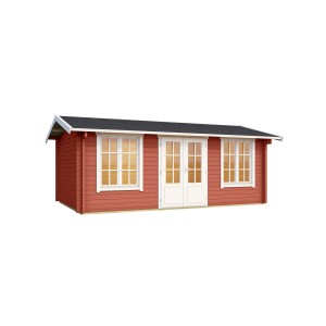 Lasita Maja Gartenhaus Pembrokeshire 53 in Schwedenrot mit weißen Fenstern und Doppeltür.