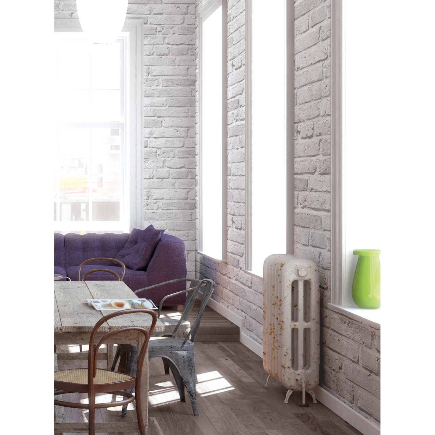 A.S. Creation Vliestapete Ziegelstein Mauer Grau im Wohnraum mit lila Sofa und Holztisch.