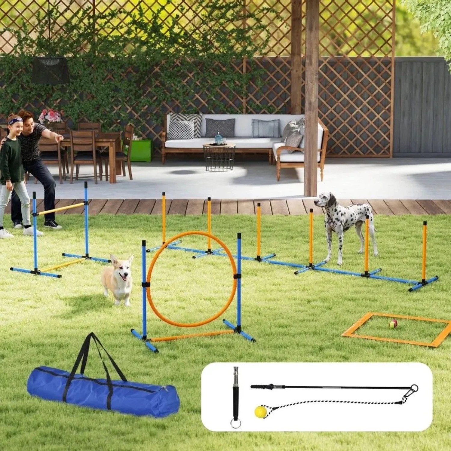 PawHut Hund Agility Set blau/orange mit Hürde, Reifen, Slalomstangen im Garten. Hunde trainieren, Tragetasche, Trainingsstab.