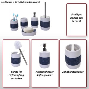 MCW Badset C73, 5-teilig, blau/weiß: Keramik-Badhelfer mit Seifenspender, Zahnbürstenhalter, WC-Bürste und Seifenschale.