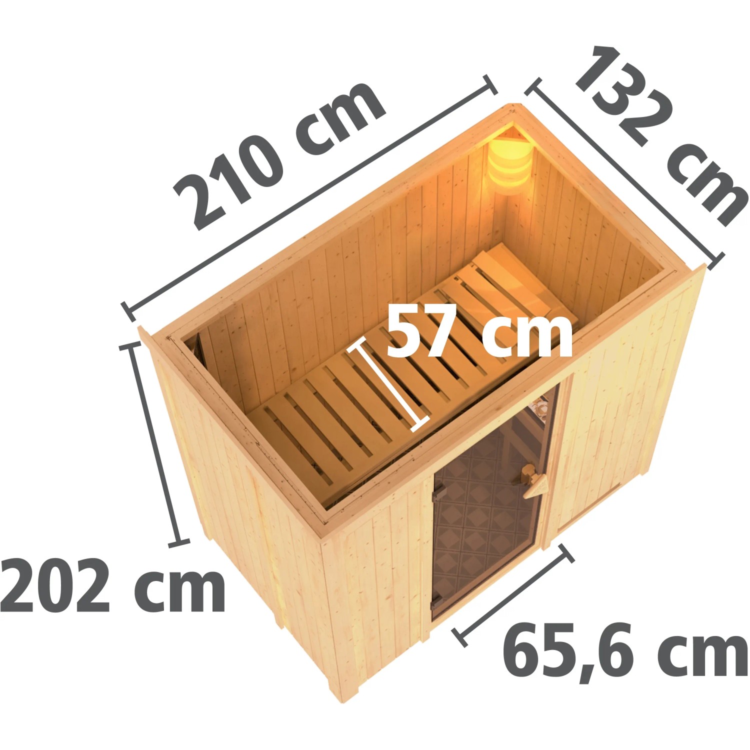 Karibu Sauna Vera mit LED-Dachkranz, Naturholz, Maße: 210x132x202 cm. Fronteinstieg mit Glastür.