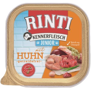 Rinti Kennerfleisch Junior Hundenassfutter mit Huhn in 300g Schale.