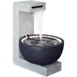 Großer Design-Gartenbrunnen mit runder Schale und LED-Beleuchtung.