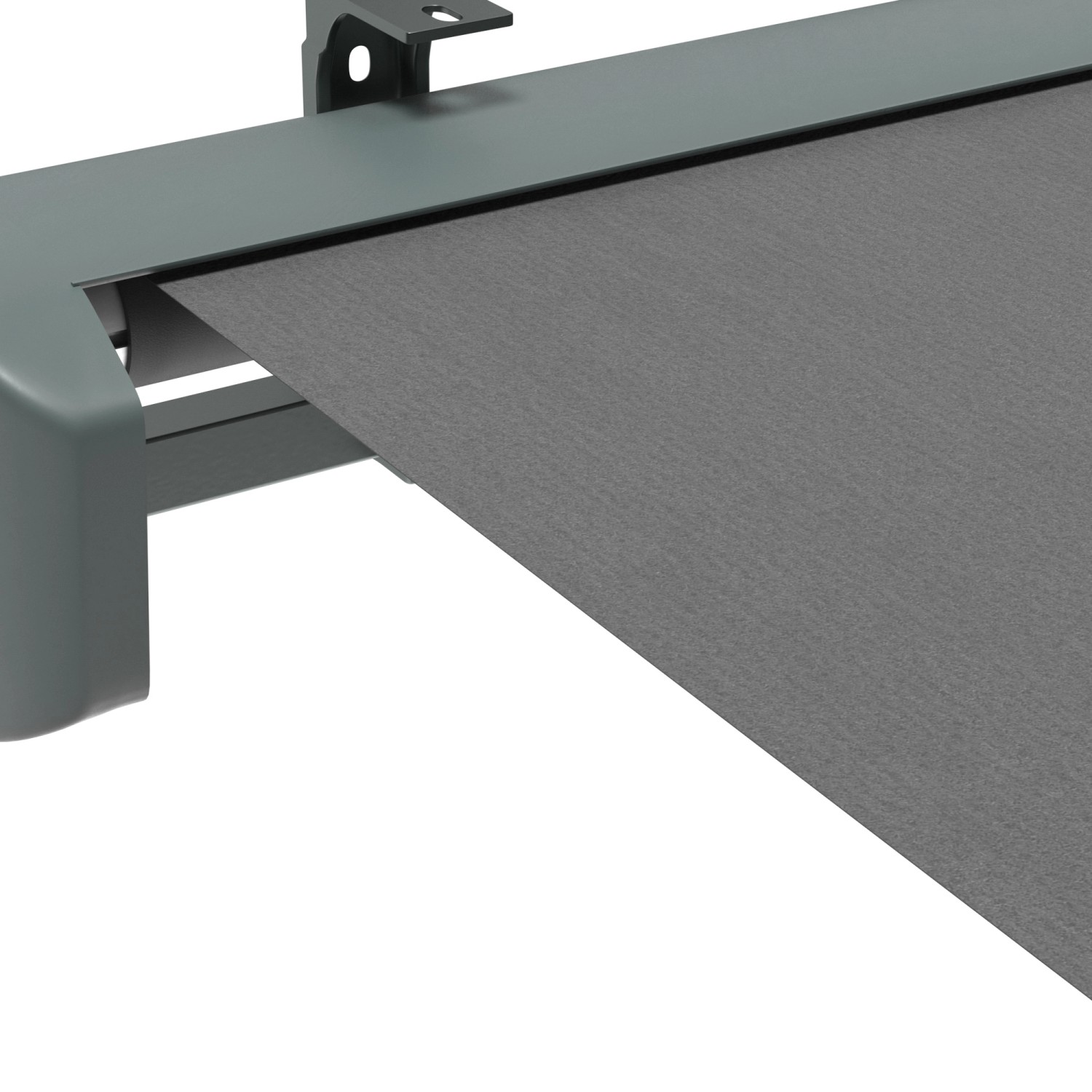 Detailaufnahme: Anthrazitfarbene Halbkassettenmarkise Maraca mit Solarbetrieb, 4x2,5m.