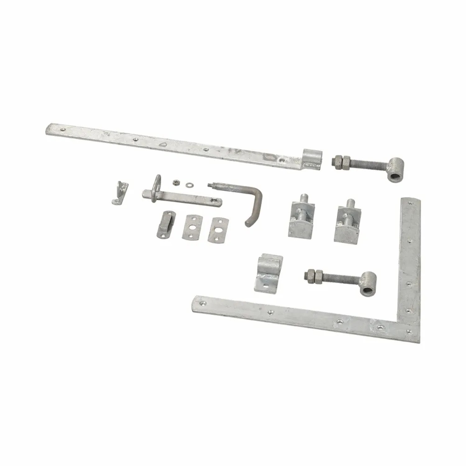Beschläge für Gartentor Country Nadelholz Schwarz, bestehend aus Scharnieren, Riegel und Befestigungsmaterial.