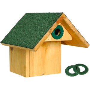 Nistkasten mit Räuberschutz und 3 Lochgrößen. Vogelhaus aus Holz mit grünem Dach und variablen Einfluglöchern.