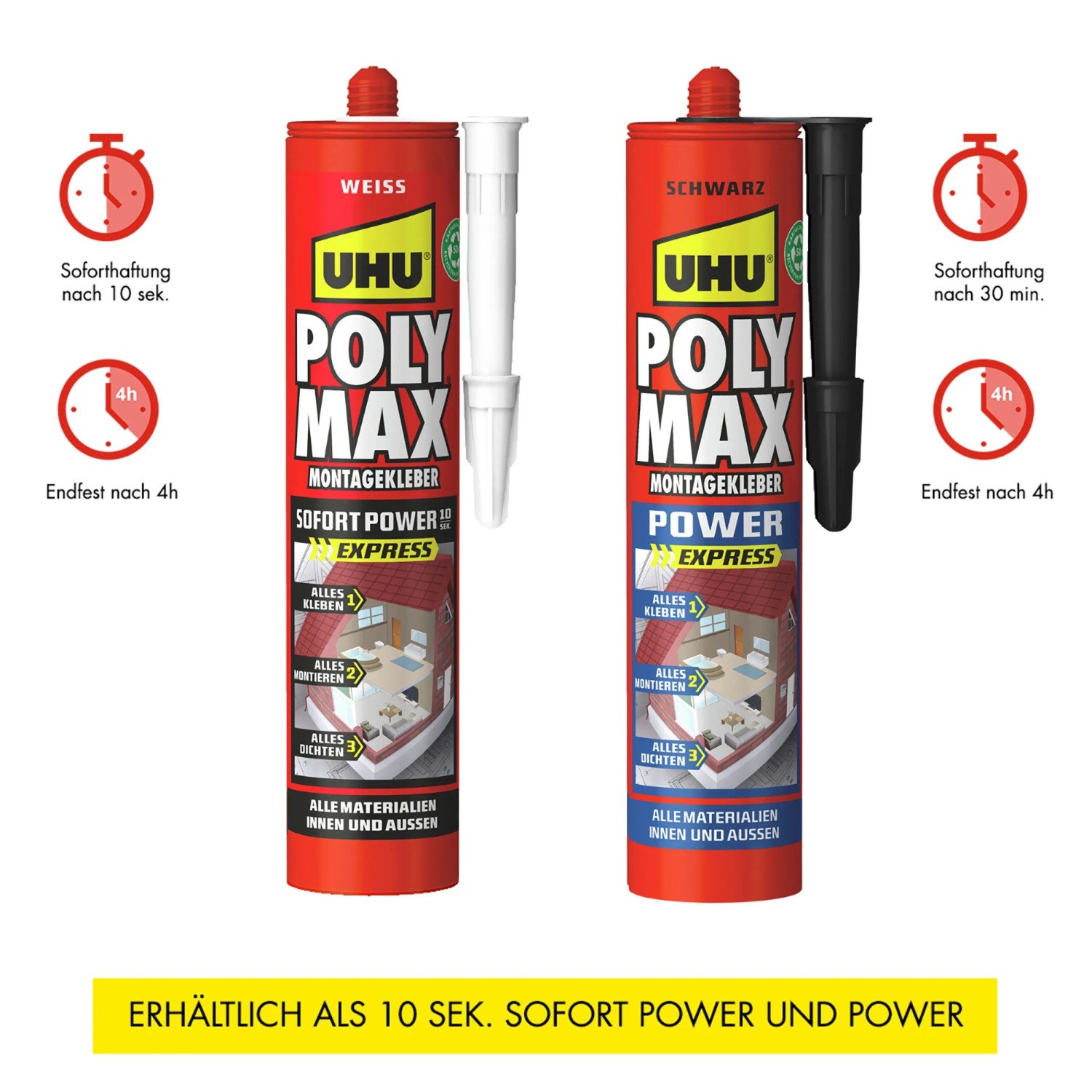 UHU Poly Max Montagekleber Power, graue Kartusche mit weißer und schwarzer Düse.