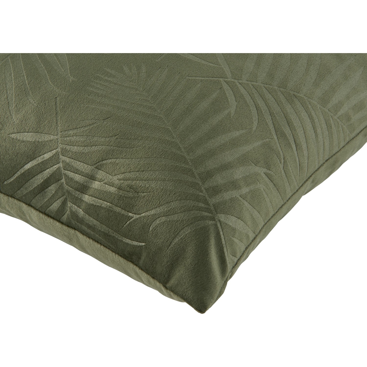 Dunkelgrünes Kissen (45x45 cm) mit Palmblattmuster, passend zum Trend Dark Wonder.