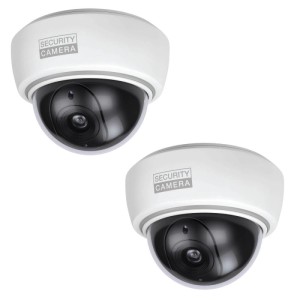 2er Set: Weiße CCD Kamera Attrappen mit rotem Blinklicht für mehr Sicherheit.