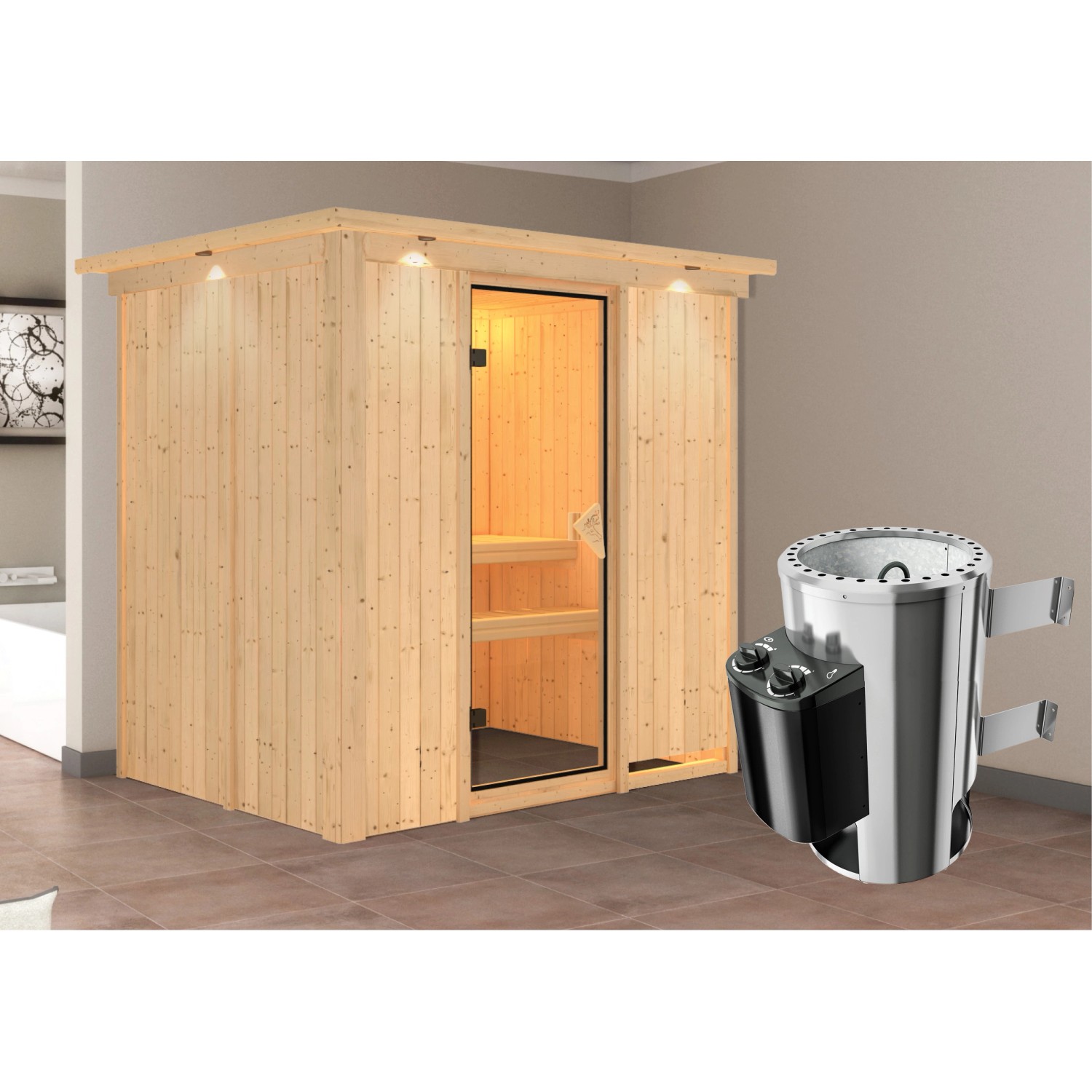 Karibu Sauna Finja mit Ofen und integrierter Beleuchtung aus naturbelassenem Holz.