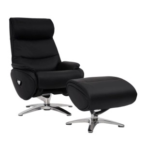 Schwarzer MCW Relaxsessel K98 mit Hocker, Leder/Kunstleder, drehbar und verstellbar.