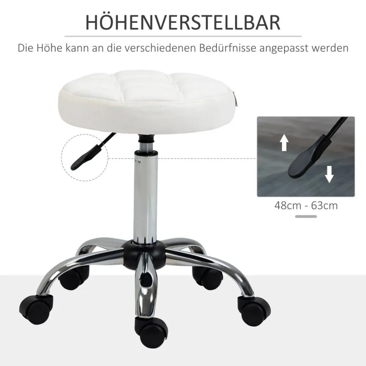 Weißer, runder, gepolsterter Vinsetto Arbeitshocker mit Rollen, Chromgestell und Höhenverstellung 48-63cm.