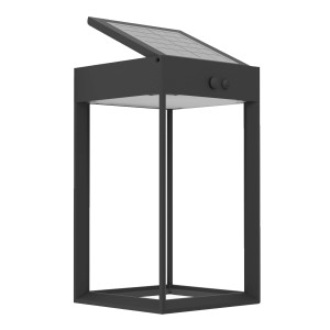 Schwarze Eglo Solar LED-Wandleuchte Suzzara mit Sensor und Solarmodul.
