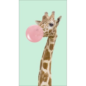 Dekopanel: Giraffe mit Kaugummi-Blase auf hellgrünem Hintergrund, 30x15 cm.
